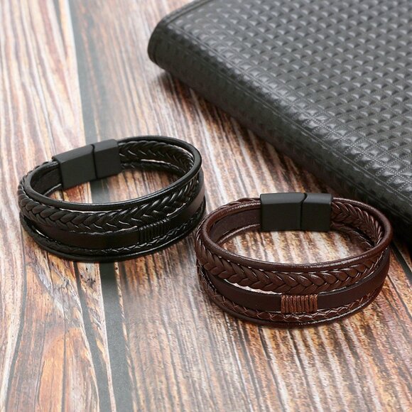 3/$35 Men's Black Multi-Layer Braided Leather Bracelet Magnetic Clasp Urban Bike - Picture 4 of 6